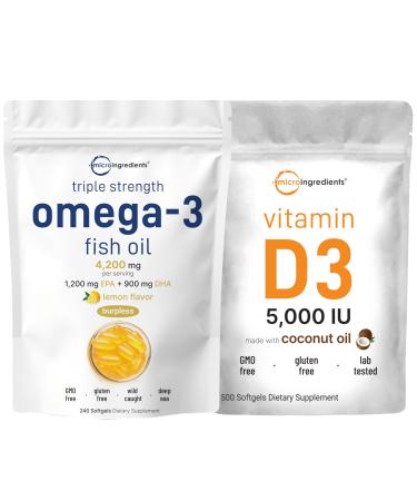 Micro Ingredients Omega-3 Fish Oil 4 200mg & Bundle Pack & Vitamin D3 5 000 IU Bundle Pack | Wild-Caught Fish Lemon Flavored Burpless | Vitamin D as Cholecalciferol