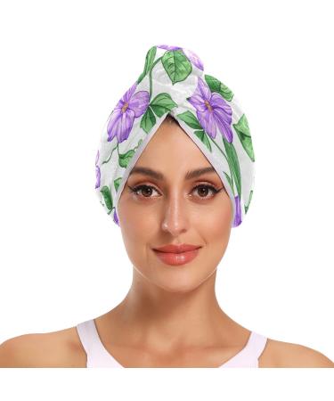 Purple Flowers and Green Leaves Hair Towel 2 Pack Super Absorbent Hair Drying Towel Quick Dry Hair Turbans Head Towel with Button Twisty Wrap for Women Girls