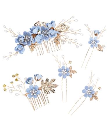 BOWINR 5 Pack Wedding Hair Piece Bridal Hair Comb Blue Flower Rhinestone Hair Accessories Handmade Pearl Crystal Floral Leaf Hair Clip for Women Girls Bride Bridesmaids Prom Wedding Party Light Blue