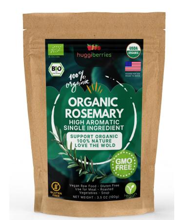 Huggiberries Organic Rosemary Leaves-Spice 3.5 OZ (100g) - Pure, High Aromatic, Delicious on Meat, Vegetables, Soup. USDA Approved, GMO & Gluten Free, Raw Vegan. Supports Natural Immunity & Wellness