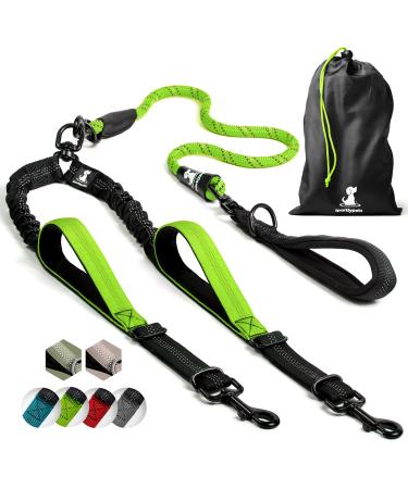 Dog leash for 2 dogs with bungee extension for large and medium -sized dogs with a stipper |Reflecting elastic dog leash to go for a walk (green) green medium - Buy Online on GoSupps.com