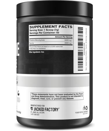 Jacked Factory Creatine + Taurine - Creatine Monohydrate 5000mg with Taurine 2000mg for Increased Muscle Strength & Cellular Hydration - 60 Servings Unflavored - Buy Online on GoSupps.com