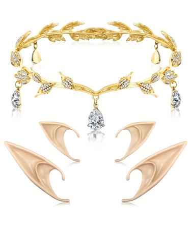 Hicarer Rhinestone Leaf Wedding Tiara Crown Headband Cosplay Fairy Pixie Elf Ears for Brides Pageants Wedding Prom (Gold)