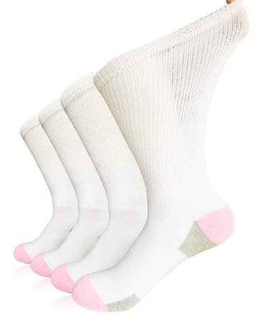 Women Diabetic Socks Non-Binding Wide Top Loose Fitting Medical Hospital Socks for Diabetes Edema Thick Ankle Crew Socks Casual Dress Sox   White/Pink(4 Pairs)