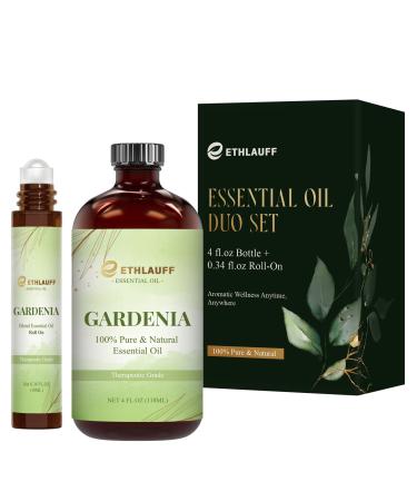 Gardenia Essential Oil (4 fl.oz Bottle + 0.34 fl.oz Roll-On) Gardenia Oils for Aromatherapy Diffusers Humidifiers Home fragrances DIY Skincare Candle Soap Making Relaxation Yoga GARDENIA 3.38 Fl Oz (Pack of 1)