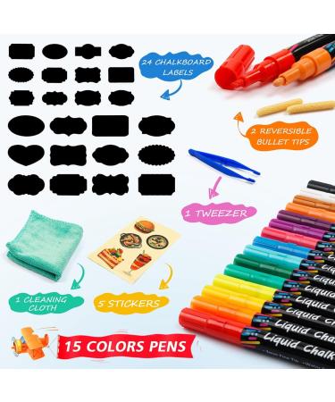 Tebik Liquid Chalk Marker Set - 15 Bright Colors, Erasable Paint Pens with Labels, Stickers, Cloth, Tweezer & Tips - Ideal for Chalkboards, Bistro Boards, Glass - Buy Online on GoSupps.com