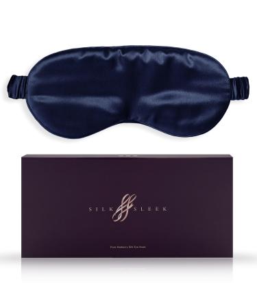 SILKSLEEK Eye Mask for Sleeping 22 Momme Pure Mulberry Silk Sleep Mask Filled with 100% Pure Silk Travel Essentials Super Soft & Comfortable Blackout Eye Mask in Gift Box (Navy Blue)
