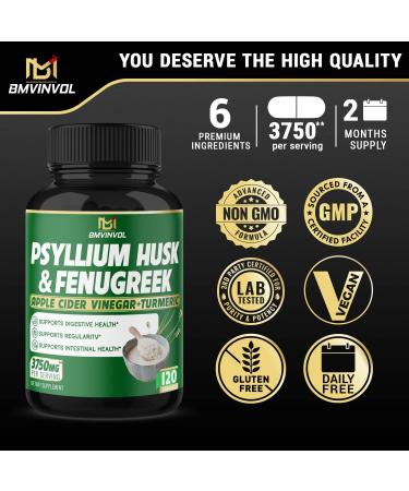 BMVINVOL Psyllium Husk Capsules 3750mg - Fiber Supplement with Fenugreek, Apple Cider Vinegar & Turmeric for Digestive Health - 120 Count - Buy Online on GoSupps.com