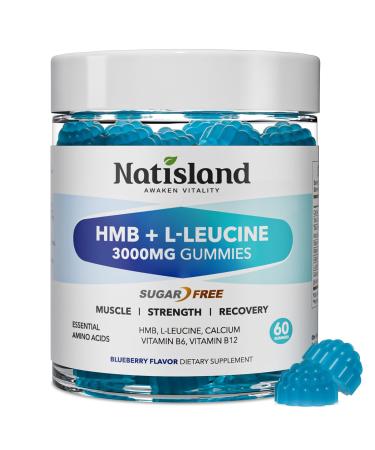 NATISLAND HMB and L-Leucine Gummies HMB and Leucine Amino Acid Supplements for Men & Women Muscle Mass & Strength Muscle Recovery & Health Sugar-Free Vegan Blueberry Flavor 60 Count