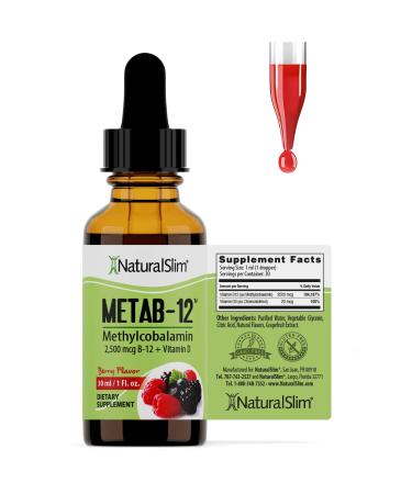 NaturalSlim Metab-12 Drops - Vitamin B12 Sublingual 2500 mcg Plus Vitamin D3 Supplements - Oral Methylcobalamin B 12 Liquid Vitamins for Metabolism & Energy Booster - Gluten Free - 1 fl oz Berry