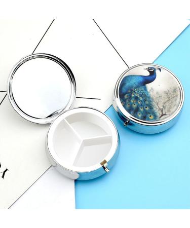 Round Blue Peacock Print Pill Box | 3 Compartment Portable Medicine Organizer | Decorative Metal Pocket Pill Case - Buy Online on GoSupps.com
