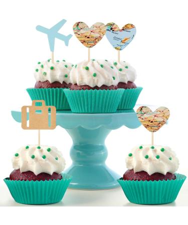 36 Pieces Travel Themed Cupcake Toppers Set Airplane Cupcake Toppers Map Heart Cake Toppers for Travel Themed Baby Shower Party Decorations (Blue and Brown) - Buy Online on GoSupps.com