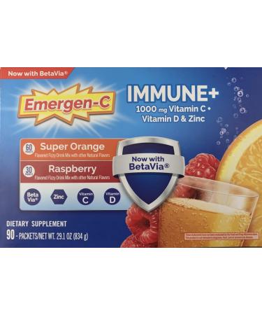 Emergen-C Immune+ 1000 mg Vitamin C + Vitamin D & Zinc (Super Orange 60 Ct/Raspberry 30Ct) 90 Packets