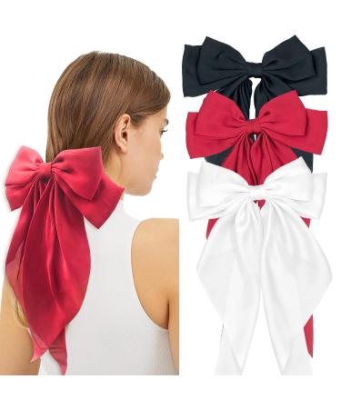 3PCS Big Silky Satin Hair Bows for Women Large Hair Barrettes Ribbon for Girls Long Hair Clips French Barrette Cute Kawaii Bowknot Hairpin Lolita Hair Accessories(Black + White + Wine Red)