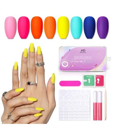 Press On Nails Neon Colors - 192 Ct Medium Coffin Fake Nails Glue On Ballerina False Nails Kit for Women, 8 Solid Colors, Include Prep Pad, Tube Glue, Mini File, Cuticle Sticker and Adhesive Sticker Sparkle Up Neon