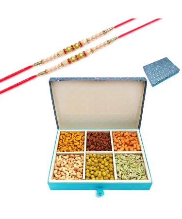 Ghasitaram Gifts Rakhi Gifts for Brothers Dryfruit - Blue 6 Part Flavoured Nuts Box 900 GMS with 2 Pearl Rakhis Flavoured Nuts Box 900 GMS with 2 Rakhis