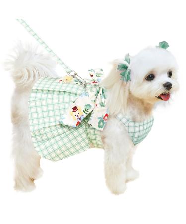ABRRLO Cute Plaid Dog Dress Harness Leash Set for Small Medium Dog Cats Girl Green Summer Pet Clothes Bowknot Puppy Princess Dresses Holiday Party Costume Outfits Chihuahua Yorkie Clothing(Green,M) Medium Green
