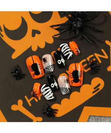 24PCS Halloween Spider Square False Nails - Black White Spider Web Design - Fake Nails for Women Girls - Halloween Party Press on Nails - Buy Online on GoSupps.com