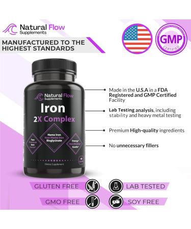 Iron Supplement 2-in-1 Complete Complex - Natural Flow 2X Heme and Chelated Non Heme Iron Bisglycinate Folate B and Vitamin C for Anemia and Blood Building Support Gentle on Stomach 60 Caps (60) - Buy Online on GoSupps.com