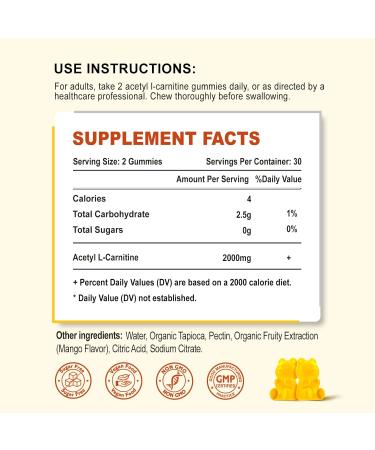 Acetyl L-Carnitine Gummies 2000mg - Vegan L-Carnitine Supplement for Energy Fatty Acid Oxidation Immunity & Metabolism - 60 Count Mango Flavor - Buy Online on GoSupps.com