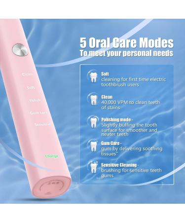 Power Sonic Electric Toothbrush with 6 Brush Heads | 5 Modes, 40,000 VPM Motor | Wireless Quick Charge | Rechargeable Toothbrush for Adults | Travel-Friendly (Pink) - Buy Online on GoSupps.com
