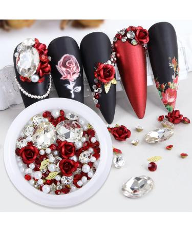 2 Box Flower Nail Charms Purple & Red Rose Nail Art Charms Red Gems Pearl Crystal Nail Art Rhinestones Red Rose Metal Nail Art Supplies for Women DIY Nail Jewelry Manicure Gems Crafts Accessories Red-2