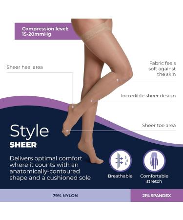 SIGVARIS Women's Sheer Fashion Thigh High Hose - 15-20mmHg Compression - Comfortable Non-Slip Hosiery in Honey - Size B (Medium) - International Shipping Available - Buy Online on GoSupps.com