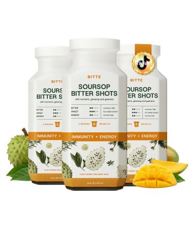bitte Immune + Energy Soursop Shots 3 Pack Ready to Drink Mango Soursop with Zinc Ginseng Guarana & Turmeric Functional Shot Brand for Supplement & Juice Lovers 48 fl oz Total (24 Servings) 16 Fl Oz (Pack of 3)