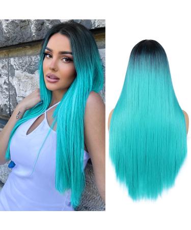 WIGER Straight Bluish Green Wig for Women Ombre Teal Blue Wigs Long Straight Turquoise Wig Hair Middle Part Heat Resistant Synthetic Blue Mermaid Wigs Cosplay Party Costume Wig 1B & Bluish Green