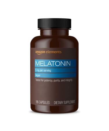 Amazon Elements - Melatonin 5mg Capsules Helps with occasional sleeplessness Vegan Unflavored 195 Count (Pack of 1) 6 month supply (Packaging may vary)