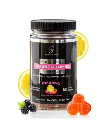 Immune Gummies - Sambucus Elderberry - Vitamin C & D - Zinc - Save Your Sick Days - Kids & Adults - Safe Ages 4 & Up - Nano Colloidal Silver - Gluten & Gelatin Free Non-GMO - Berry Lemonade - 60 Count