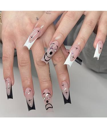 24Pcs French Tip Press on Nails Long Coffin Fake Nails Rhinestone Design Glossy Acrylic False Nails With Clown Pattern Black and White Full Cover Nail Tips for Women and Girls