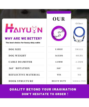 Haiyuan Dog Tie Out Cable 20ft for Large Dogs - Durable Steel Wire Runner with Superior Clips - Heavy Duty Outdoor Lead for Dogs Up to 165 LBS - Purple - Buy Online on GoSupps.com