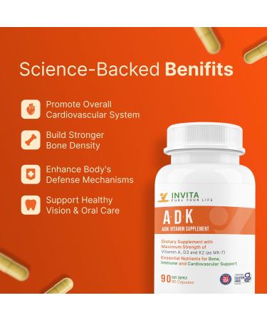 INVITA ADK Vitamin Supplement 90 Capsules High Potency of Vitamin A D3 5000 IU & K2-MK7 Physician Formulated for Bone Heart & Immune Support Non-GMO Gluten Free (3-Month Supply) Pack of 1 (90 Count) - Buy Online on GoSupps.com