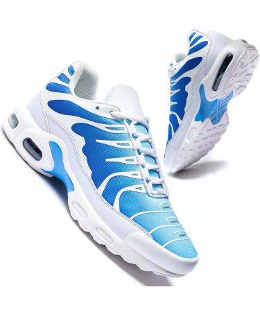 Pozvnn Mens Running Shoes Air Cushion Fashion Sneakers Lightweight Tennis Sport Athletic Trainers Basketball Shoes 8.5 White/Blue