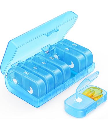 Auvon tablet box 7 days in the evening pills 7 days 2 compartments handy and moisture-resistant medication box for your hand or pocket to keep medication (blue) B-blue