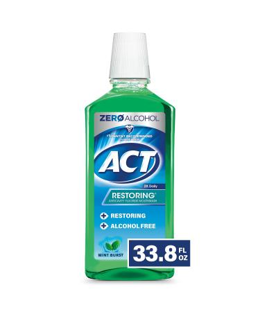 ACT Restoring Zero Alcohol Fluoride Mouthwash 33.8 fl. oz. Strengthens Tooth Enamel, Mint Burst Green 33.8 Fl Oz (Pack of 1)