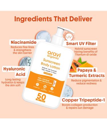 Aravi Organic Oil-Free Sunscreen Body Lotion SPF 50 PA++++ | (In-Vivo) Dermatologically Tested | Lightweight & No White Cast | UVA/UVB & Blue Light Protection | Niacinamide & Hyaluronic Acid | 200ml - Buy Online on GoSupps.com
