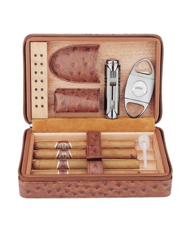 PIPITA Cigar Humidor Portable Travel Humidor Elegant Leather Pattern Cigar Case with Humidifier and Cigar Cutter Cedar Wood Lined for 4 Cigars with Torch Lighter (Cigars not Included) Yellow (Set 3)