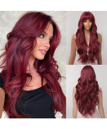 Kellynee Wine Red Long Wavy Wig with Bangs - Burgundy Wigs for Women Loose Waves Heat Resistant Synthetic Hair - Effortlessly Stylish for Daily Wear Parties and Special Occasions - Buy Online on GoSupps.com