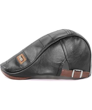 Men's Adjustable PU Leather Ivy Cap - Classic Golf Flat Cap for Driving and Fishing - Black - Buy Online on GoSupps.com