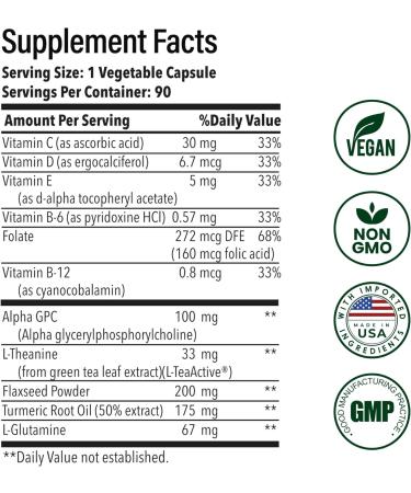 Advanced Brain Health Supplement with Alpha GPC L-Theanine L-Glutamine for Memory and Focus - 90 Capsules - Buy Online on GoSupps.com
