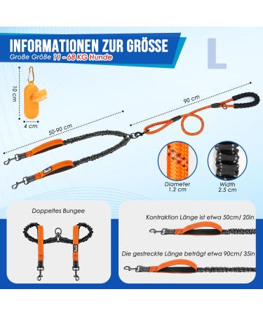 Buy Eyin Double Dog Leash for Large Dogs - Flexible Reflective & Healing-Free with 3 Padded Handles | Ideal for 11-68 kg Dogs - Orange - Buy Online on GoSupps.com