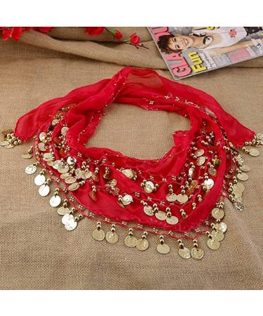 Womens Belly Dance Hip Scarf & Chiffon Towel - Red Coin Belt Costume with Sequins | International Shipping - Buy Online on GoSupps.com