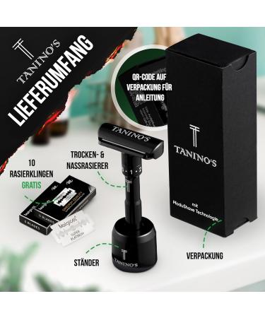 Taninos Razor Plane Men Set | Adjustable Safety Razor with 10 Blades | Smooth Shave for All Skin Types | Elegant Storage Stand | Perfect Wet Razor - Buy Online on GoSupps.com