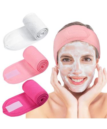 Whaline Spa Facial Headband Make Up Wrap Head Terry Cloth Headband Adjustable Towel Band for Face Washing Shower Facial Cover 3 Pieces (White Pink Rose Red)