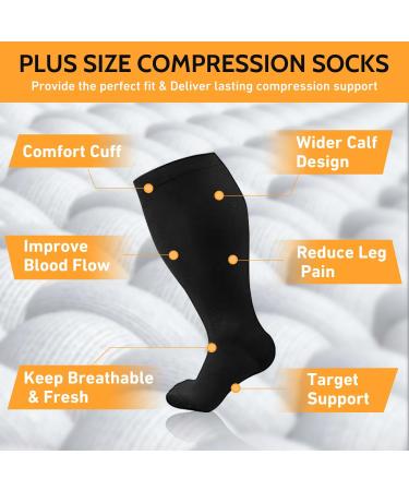 3 Pairs Plus Size Compression Socks 20-30 mmHg for Wide Calf | Men & Women Knee High Flight Socks 3XL - Black - Buy Online on GoSupps.com
