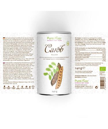 Organic Carob Powder - Vegan Cocoa Alternative for Sugar-Free Drinking Chocolate - Natural Sweetness & Fiber Rich - Pureeraw 240g - Buy Online on GoSupps.com