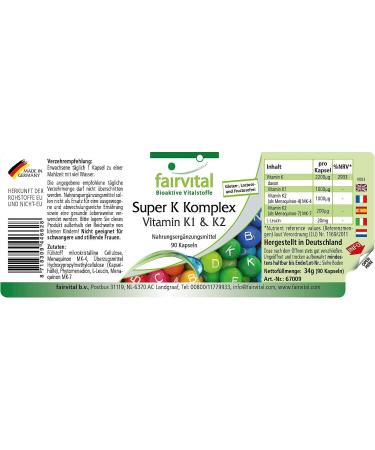 Fairvital Vitamin K Complex - Super K with K1 & K2 MK-7 | High-Dose 2200 g Vegan Capsules - 90 Count - Buy Online on GoSupps.com