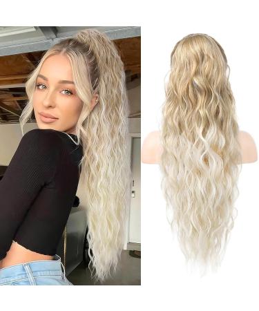 Porsmeer 30 inch 75cm ponytail long water lure ponytail for women curly wavy clip in hair extension with a cord strain natural synthetic hair (light brown mixed platinum)